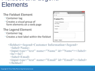 Copyright © Terry Felke-Morris http://terrymorris.net
Fieldset and Legend
Elements
The Fieldset Element
◦Container tag
◦Creates a visual group of
form elements on a web page
The Legend Element
◦Container tag
◦Creates a text label within the fieldset
26
<fieldset><legend>Customer Information</legend>
<label>Name:
<input type="text" name="Name" id="Name“></label>
<br><br>
<label>Email:
<input type="text" name="Email" id="Email"></label>
</fieldset>
 