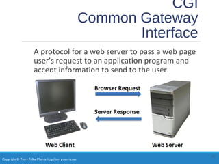Copyright © Terry Felke-Morris http://terrymorris.net
CGI
Common Gateway
Interface
A protocol for a web server to pass a web page
user's request to an application program and
accept information to send to the user.
32
 