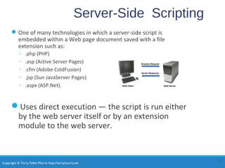 Copyright © Terry Felke-Morris http://terrymorris.net
Server-Side Scripting
One of many technologies in which a server-side script is
embedded within a Web page document saved with a file
extension such as:
◦ .php (PHP)
◦ .asp (Active Server Pages)
◦ .cfm (Adobe ColdFusion)
◦ .jsp (Sun JavaServer Pages)
◦ .aspx (ASP.Net).
Uses direct execution — the script is run either
by the web server itself or by an extension
module to the web server.
33
 