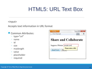 Copyright © Terry Felke-Morris http://terrymorris.net
HTML5: URL Text Box
<input>
Accepts text information in URL format
Common Attributes:
◦ type="url"
◦ name
◦ id
◦ size
◦ maxlength
◦ value
◦ placeholder
◦ required
41
 
