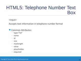 Copyright © Terry Felke-Morris http://terrymorris.net
HTML5: Telephone Number Text
Box
<input>
Accepts text information in telephone number format
Common Attributes:
◦ type="tel“
◦ name
◦ id
◦ size
◦ maxlength
◦ value
◦ placeholder
◦ required
42
 