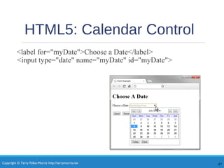 Copyright © Terry Felke-Morris http://terrymorris.net
HTML5: Calendar Control
<label for="myDate">Choose a Date</label>
<input type="date" name="myDate" id="myDate">
47
 
