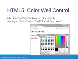 Copyright © Terry Felke-Morris http://terrymorris.net
HTML5: Color Well Control
<label for="myColor">Choose a color:</label>
<input type="color" name="myColor" id="myColor">
48
 