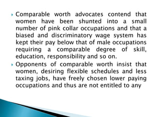  Comparable worth advocates contend that
women have been shunted into a small
number of pink collar occupations and that a
biased and discriminatory wage system has
kept their pay below that of male occupations
requiring a comparable degree of skill,
education, responsibility and so on.
 Opponents of comparable worth insist that
women, desiring flexible schedules and less
taxing jobs, have freely chosen lower paying
occupations and thus are not entitled to any
 
