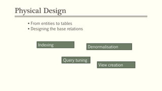 Physical Design
 From entities to tables
 Designing the base relations
Indexing Denormalisation
Query tuning
View creation
 