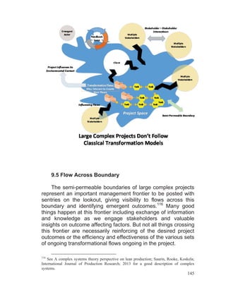 145
9.5 Flow Across Boundary
The semi-permeable boundaries of large complex projects
represent an important management frontier to be posted with
sentries on the lookout, giving visibility to flows across this
boundary and identifying emergent outcomes.116
Many good
things happen at this frontier including exchange of information
and knowledge as we engage stakeholders and valuable
insights on outcome affecting factors. But not all things crossing
this frontier are necessarily reinforcing of the desired project
outcomes or the efficiency and effectiveness of the various sets
of ongoing transformational flows ongoing in the project.
116
See A complex systems theory perspective on lean production; Saurin, Rooke, Koskela;
International Journal of Production Research; 2013 for a good description of complex
systems.
 