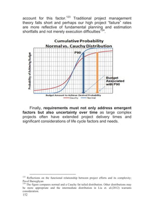 152
account for this factor.123
Traditional project management
theory falls short and perhaps our high project “failure” rates
are more reflective of fundamental planning and estimation
shortfalls and not merely execution difficulties124
.
Finally, requirements must not only address emergent
factors but also uncertainty over time as large complex
projects often have extended project delivery times and
significant considerations of life cycle factors and needs.
123
Reflections on the functional relationship between project efforts and its complexity;
Pavel Barseghyan
124
The figure compares normal and a Cauchy fat tailed distribution. Other distributions may
be more appropriate and the intermediate distribution in Liu et. al.(2012) warrants
consideration.
 