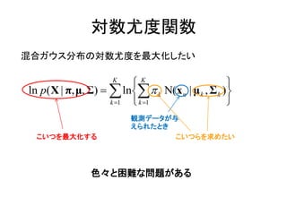 対数尤度関数
混合ガウス分布の対数尤度を最大化したい

                     K
                          K                       
ln p( X | π, μ, Σ)   ln  k Ν(x n | μ k , Σ k )
                     k 1  k 1                   
                          観測データが与
                          えられたとき
  こいつを最大化する                      こいつらを求めたい




               色々と困難な問題がある
 