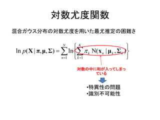 対数尤度関数
混合ガウス分布の対数尤度を用いた最尤推定の困難さ

                     N
                          K                       
ln p( X | π, μ, Σ)   ln  k Ν(x n | μ k , Σ k )
                     n 1  k 1                   
                            対数の中に和が入ってしまっ
                                 ている


                                •特異性の問題
                                •識別不可能性
 