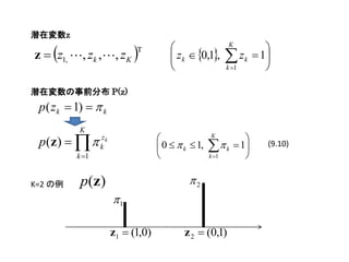 潜在変数z

z  z1, , zk ,, zK 
                                                           K
                                                                    
                                         zk  0,1,        zk  1
                             T

                                                           k 1    

潜在変数の事前分布 P(z)
 p ( z k  1)   k
           K
 p(z )                                                      
                  zk                                 K
                  k                  0   k  1,
                                    
                                                       k  1 
                                                                    (9.10)
           k 1                                      k 1



K=2 の例      p(z)                             2
                       1

                       z1  (1,0)           z 2  (0,1)
 