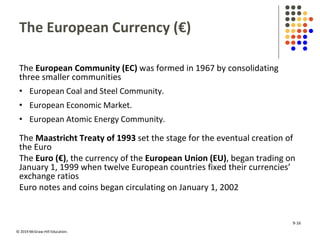 © 2019 McGraw-Hill Education.
The European Currency (€)
The European Community (EC) was formed in 1967 by consolidating
three smaller communities
• European Coal and Steel Community.
• European Economic Market.
• European Atomic Energy Community.
The Maastricht Treaty of 1993 set the stage for the eventual creation of
the Euro
The Euro (€), the currency of the European Union (EU), began trading on
January 1, 1999 when twelve European countries fixed their currencies’
exchange ratios
Euro notes and coins began circulating on January 1, 2002
9-16
 