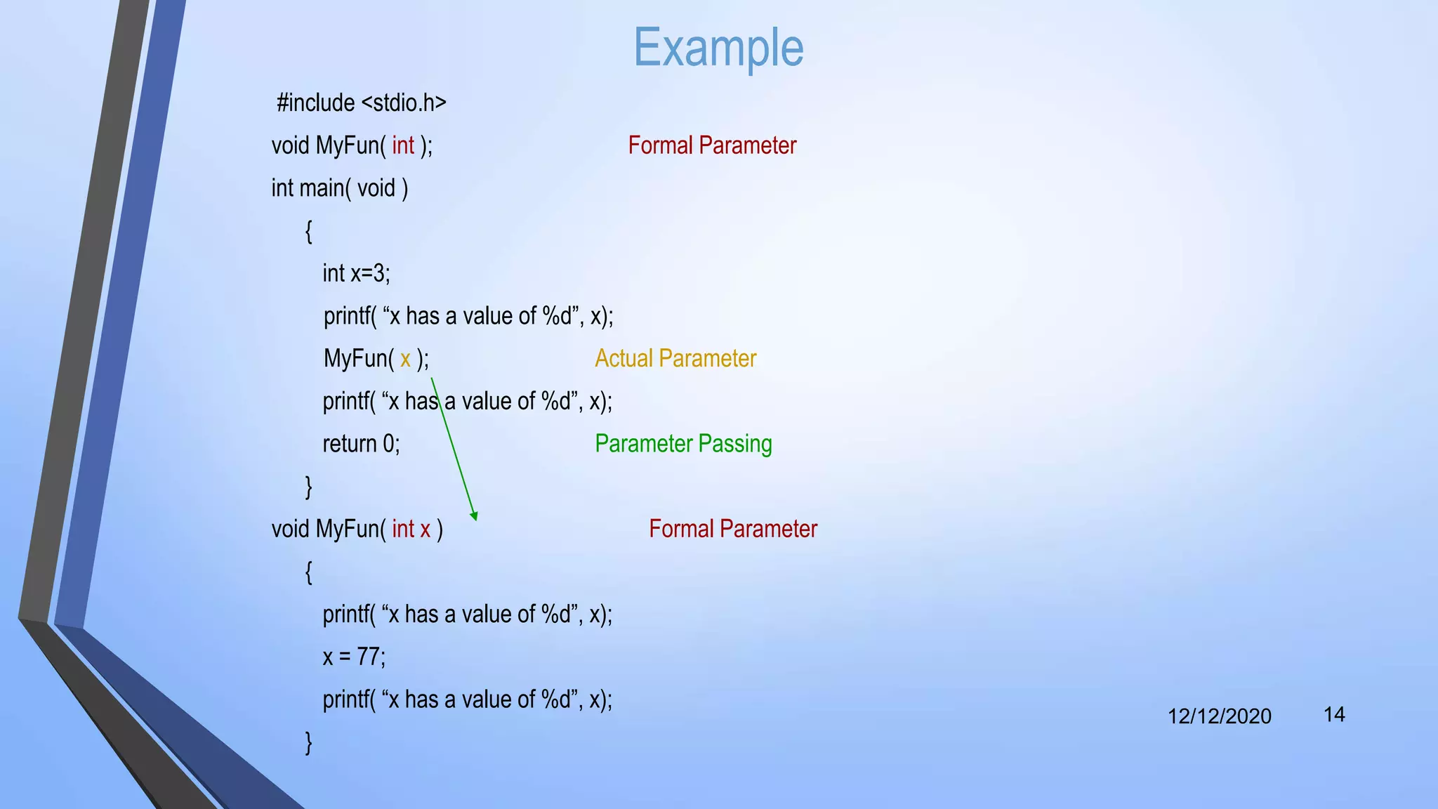 Example
#include <stdio.h>
void MyFun( int ); Formal Parameter
int main( void )
{
int x=3;
printf( “x has a value of %d”, x);
MyFun( x ); Actual Parameter
printf( “x has a value of %d”, x);
return 0; Parameter Passing
}
void MyFun( int x ) Formal Parameter
{
printf( “x has a value of %d”, x);
x = 77;
printf( “x has a value of %d”, x);
}
12/12/2020 14
 