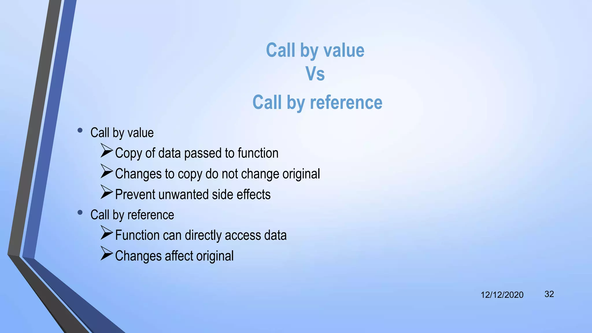 Call by value
Vs
Call by reference
• Call by value
Copy of data passed to function
Changes to copy do not change original
Prevent unwanted side effects
• Call by reference
Function can directly access data
Changes affect original
12/12/2020 32
 
