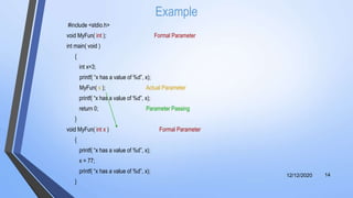 Example
#include <stdio.h>
void MyFun( int ); Formal Parameter
int main( void )
{
int x=3;
printf( “x has a value of %d”, x);
MyFun( x ); Actual Parameter
printf( “x has a value of %d”, x);
return 0; Parameter Passing
}
void MyFun( int x ) Formal Parameter
{
printf( “x has a value of %d”, x);
x = 77;
printf( “x has a value of %d”, x);
}
12/12/2020 14
 