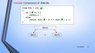 Example: Computation of fib(4)
12/12/2020 41
+fib(2) fib(3)
fib(4)
long fib ( int n )
{
if ( n <= 1 )
return n ;
else
return fib( n - 2 ) + fib( n - 1 );
}
4
4
4 4
 