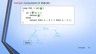 Example: Computation of fib(4)
12/12/2020 43
fib(2) fib(3)+
fib(4)
long fib ( int n )
{
if ( n <= 1 )
return n ;
else
return fib( n - 2 ) + fib( n - 1 );
}
0
0
+fib(0) fib(1)
0
 