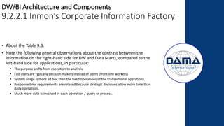 • About the Table 9.3.
• Note the following general observations about the contrast between the
information on the right-hand side for DW and Data Marts, compared to the
left-hand side for applications, in particular:
• The purpose shifts from execution to analysis
• End users are typically decision makers instead of oders (front line workers)
• System usage is more ad hoc than the fixed operations of the transactional operations.
• Response time requirements are relaxed because strategic decisions allow more time than
daily operations.
• Much more data is involved in each operation / query or process.
DW/BI Architecture and Components
9.2.2.1 Inmon’s Corporate Information Factory
 