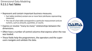 Dimensional Data Modeling
9.2.5.1 Fact Tables
• Represent and contain important business measures.
• Fact tables (entities) contain one or more facts (attributes representing
measures)
• The row of a fact table correspond to a particular measurement and are
numeric, such as amounts, quantities, or counts.
• Express or resolve “many-to-many” relationships between the
dimensions.
• Often have a number of control columns that express when the row
was loaded.
• These fields help the programmers, the operators and the super-
users navigate and validate the data.
 