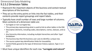 Dimensional Data Modeling
9.2.5.2 Dimension Tables
• Represent the important objects of the business and contain textual
descriptions of the business.
• They act as the entry points or links into the fact tables, and their
contents provide report groupings and report labels.
• Typically have small number of rows and large number of columns.
Main contents of a dimension table are:
• Surrogate or non-surrogate key.
• The primary key representing what is used to link to other tables in the DW.
• Descriptive elements, including codes, descriptions, names, statuses, and so
on.
• Any hierarchy information, including multiple hierarchies and often ‘type’
breakdown.
• The business key that the business user uses to identify a unique row.
• The source system key identification fields for traceability.
• Control fields geared to the type of dimension history capture, Type 1-3, 4
and 6
• Must have unique identifiers for each row. “surrogate and natural”
 