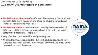 Dimensional Data Modeling
9.2.5.9 DW-Bus Architecture and Bus Matrix
• The DW-bus architecture of conformed dimensions is “ what allows
multiple data marts to co-exit and share by plugging into a bus of
shared or conformed dimensions.
• The DW-bus matrix is tabular way of showing the intersection of
data marts, data processes, or data subject areas with the shared
conformed dimensions. “Table 9.7”
• Very effective communication and planning tool.
• As new design pieces are added, the existing dimensions and facts,
complete with their sources, update logic, and schedule, need to be
reviewed for possible re-use.
 