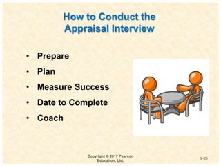 9
4-
Copyright © 2017 Pearson
Education, Ltd.
9-26
How to Conduct the
Appraisal Interview
• Prepare
• Plan
• Measure Success
• Date to Complete
• Coach
 