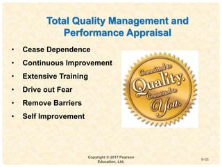 9
4-
Copyright © 2017 Pearson
Education, Ltd.
9-35
Total Quality Management and
Performance Appraisal
• Cease Dependence
• Continuous Improvement
• Extensive Training
• Drive out Fear
• Remove Barriers
• Self Improvement
 