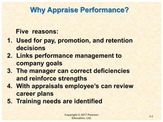 9
4-
Copyright © 2017 Pearson
Education, Ltd.
9-6
Five reasons:
1. Used for pay, promotion, and retention
decisions
2. Links performance management to
company goals
3. The manager can correct deficiencies
and reinforce strengths
4. With appraisals employee’s can review
career plans
5. Training needs are identified
Why Appraise Performance?
 