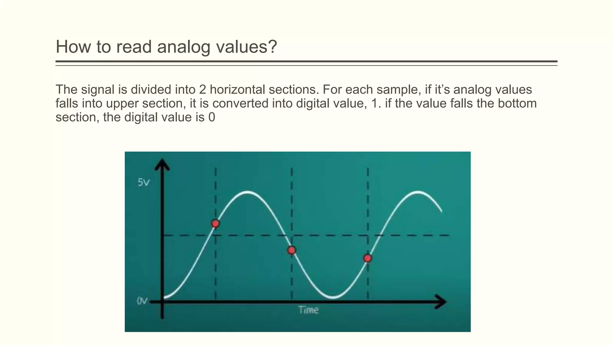 The signal is divided into 2 horizontal sections. For each sample, if it’s analog values
falls into upper section, it is converted into digital value, 1. if the value falls the bottom
section, the digital value is 0
How to read analog values?
 