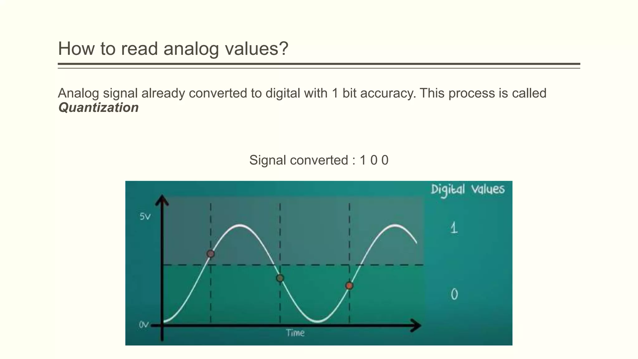 How to read analog values?
Analog signal already converted to digital with 1 bit accuracy. This process is called
Quantization
Signal converted : 1 0 0
 