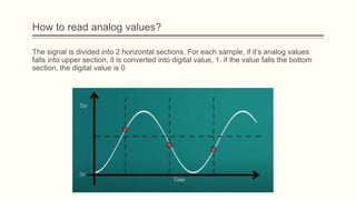 The signal is divided into 2 horizontal sections. For each sample, if it’s analog values
falls into upper section, it is converted into digital value, 1. if the value falls the bottom
section, the digital value is 0
How to read analog values?
 