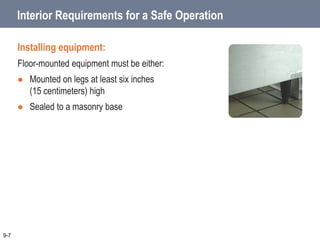 Interior Requirements for a Safe Operation
9-7
Installing equipment:
Floor-mounted equipment must be either:
 Mounted on legs at least six inches
(15 centimeters) high
 Sealed to a masonry base
 