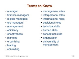 © 2007 Prentice Hall, Inc. All rights reserved. 1–30
Terms to Know
• manager
• first-line managers
• middle managers
• top...
