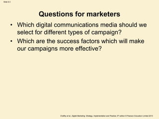 Slide 9.3
Chaffey et al., Digital Marketing: Strategy, Implementation and Practice, 5th edition © Pearson Education Limited 2013
Questions for marketers
• Which digital communications media should we
select for different types of campaign?
• Which are the success factors which will make
our campaigns more effective?
 