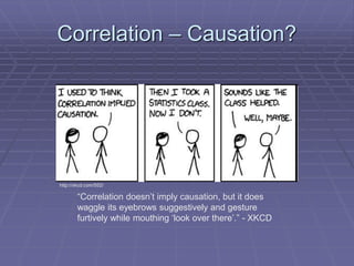 “Correlation doesn’t imply causation, but it does
waggle its eyebrows suggestively and gesture
furtively while mouthing ‘look over there’.” - XKCD
http://xkcd.com/552/
Correlation – Causation?
 