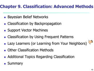 45
Chapter 9. Classification: Advanced Methods
 Bayesian Belief Networks
 Classification by Backpropagation
 Support Vector Machines
 Classification by Using Frequent Patterns
 Lazy Learners (or Learning from Your Neighbors)
 Other Classification Methods
 Additional Topics Regarding Classification
 Summary
 
