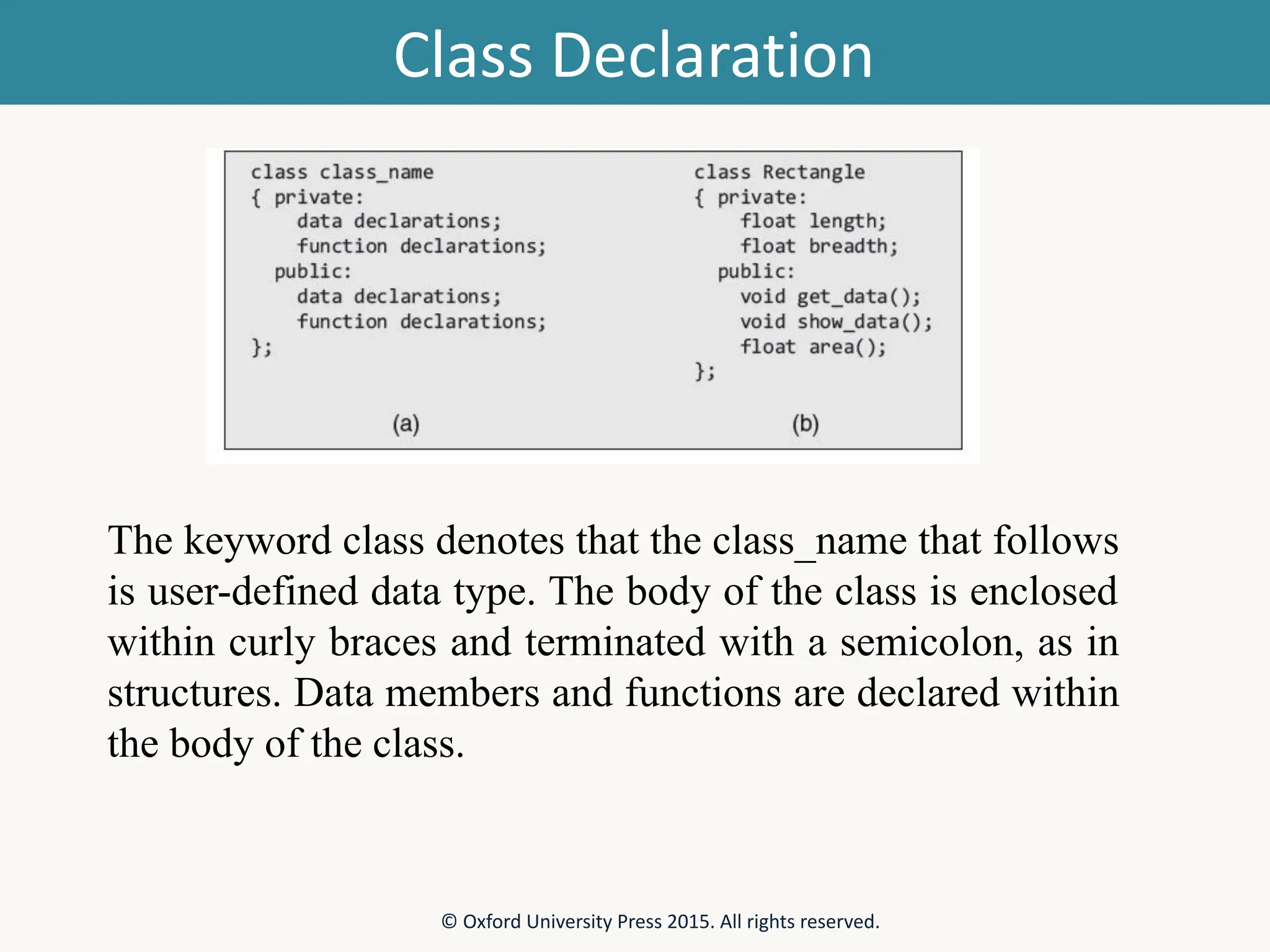 Class Declaration The keyword class denotes that the class_name that follows is user-defined data type. The body of the class is enclosed within curly braces and terminated with a semicolon, as in structures. Data members and functions are declared within the body of the class. © Oxford University Press 2015. All rights reserved. 