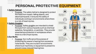 PERSONAL PROTECTIVE EQUIPMENT
1.Safety Helmet:
• Purpose: The safety helmet is designed to protect
the head from impact, falling objects, and
electrical hazards. It ensures the safety of
individuals working in environments where there
is a risk of head injuries.
2.Safety Goggles:
• Purpose: Safety goggles are intended to shield
the eyes from various hazards such as chemical
splashes, flying debris, or particles. They provide
essential eye protection in workplaces where
there is a risk of eye injuries.
3.Ear Muffs:
• Purpose: Ear muffs serve the purpose of
protecting the wearer's hearing from excessive
noise levels. They are crucial in environments
where loud machinery or equipment is present to
prevent noise-induced hearing loss.
 