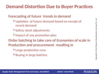 Author: Janat Shah
Supply Chain Management-Text and Cases, 2nd Edition
Copyright
©
2016
Pearson
India
Education
Services
Pvt.
Ltd
Demand Distortion Due to Buyer Practices
Forecasting of future trends in demand
Updation of future demand based on receipt of
recent demand
Safety stock adjustments
Impact of any promotion plan
Order batching to take care of Economies of scale in
Production and procurement resulting in
Large production runs
Buying in large batches
 