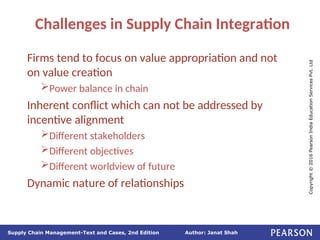 Author: Janat Shah
Supply Chain Management-Text and Cases, 2nd Edition
Copyright
©
2016
Pearson
India
Education
Services
Pvt.
Ltd
Challenges in Supply Chain Integration
Firms tend to focus on value appropriation and not
on value creation
Power balance in chain
Inherent conflict which can not be addressed by
incentive alignment
Different stakeholders
Different objectives
Different worldview of future
Dynamic nature of relationships
 