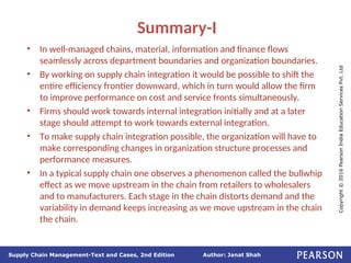 Author: Janat Shah
Supply Chain Management-Text and Cases, 2nd Edition
Copyright
©
2016
Pearson
India
Education
Services
Pvt.
Ltd
Summary-I
• In well-managed chains, material, information and finance flows
seamlessly across department boundaries and organization boundaries.
• By working on supply chain integration it would be possible to shift the
entire efficiency frontier downward, which in turn would allow the firm
to improve performance on cost and service fronts simultaneously.
• Firms should work towards internal integration initially and at a later
stage should attempt to work towards external integration.
• To make supply chain integration possible, the organization will have to
make corresponding changes in organization structure processes and
performance measures.
• In a typical supply chain one observes a phenomenon called the bullwhip
effect as we move upstream in the chain from retailers to wholesalers
and to manufacturers. Each stage in the chain distorts demand and the
variability in demand keeps increasing as we move upstream in the chain
the chain.
 