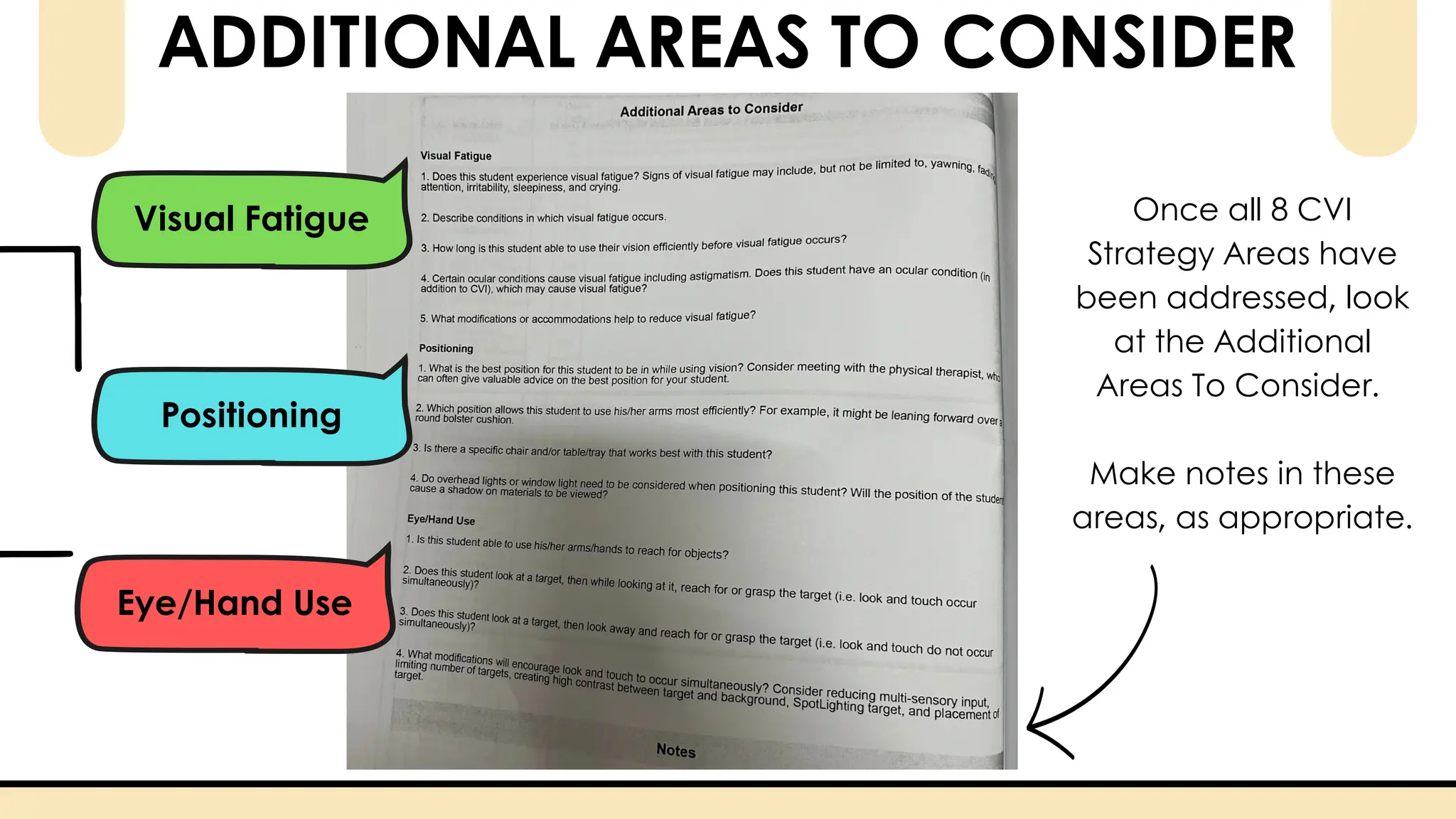Once all 8 CVI
Strategy Areas have
been addressed, look
at the Additional
Areas To Consider.
Make notes in these
areas, as appropriate.
ADDITIONAL AREAS TO CONSIDER
Visual Fatigue
Positioning
Eye/Hand Use
 