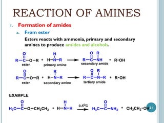 REACTION OF AMINES
Formation of amides

1.

From ester
Esters reacts with ammonia, primary and secondary
amines to produce amides and alcohols.

a.

O
R

C O R
ester

C O R
ester

R

H N R

C NH

primary amine

secondary amide

R

R OH

O R

O
R

O R

H

R

H N R
secondary amine

C N R

R OH

tertiary amide

EXAMPLE
O
H3C

C O CH2CH3

H
H N H

O

O

0-5 C

H3C

C NH2

CH3CH2 OH 21

 