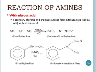 REACTION OF AMINES


With nitrous acid
 Secondary

aliphatic and aromatic amines form nitrosoamine (yellow
oils) with nitrous acid.

26

 
