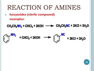 REACTION OF AMINES
4.

Isocyanides (nitrile compound)
examples:

30

 