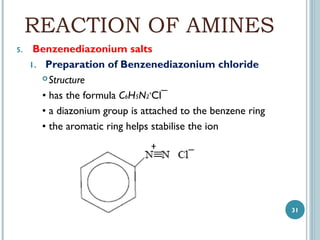 REACTION OF AMINES
5.

Benzenediazonium salts
1. Preparation of Benzenediazonium chloride
 Structure
• has the formula C6H5N2+Cl¯
• a diazonium group is attached to the benzene ring
• the aromatic ring helps stabilise the ion

31

 