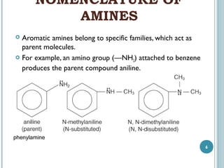 NOMENCLATURE OF
AMINES
Aromatic amines belong to specific families, which act as
parent molecules.
 For example, an amino group (—NH ) attached to benzene
2
produces the parent compound aniline.


phenylamine
6

 