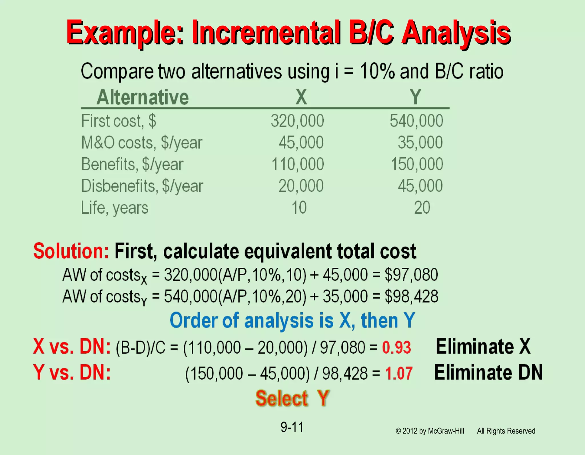 Example: Incremental B/C AnalysisExample: Incremental B/C Analysis
© 2012 by McGraw-Hill All Rights Reserved9-11
 