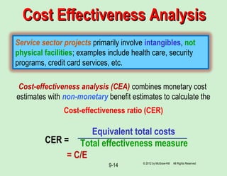 © 2012 by McGraw-Hill All Rights Reserved
9-14
Cost Effectiveness AnalysisCost Effectiveness Analysis
Service sector projects primarily involve intangibles, not
physical facilities; examples include health care, security
programs, credit card services, etc.
Cost-effectiveness analysis (CEA) combines monetary cost
estimates with non-monetary benefit estimates to calculate the
Cost-effectiveness ratio (CER)
Equivalent total costs
Total effectiveness measure
= C/E
CER =
 