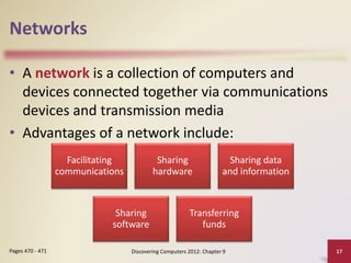 Networks
• A network is a collection of computers and
devices connected together via communications
devices and transmission media
• Advantages of a network include:
Discovering Computers 2012: Chapter 9 17Pages 470 - 471
Facilitating
communications
Sharing
hardware
Sharing data
and information
Sharing
software
Transferring
funds
 