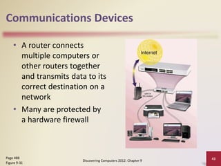 Communications Devices
• A router connects
multiple computers or
other routers together
and transmits data to its
correct destination on a
network
• Many are protected by
a hardware firewall
Discovering Computers 2012: Chapter 9
43Page 488
Figure 9-31
 